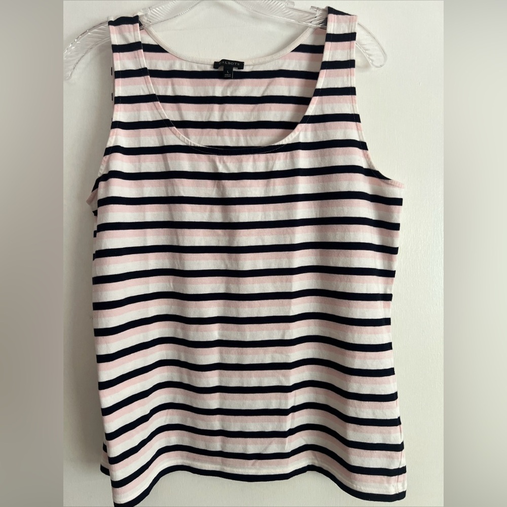 Talbots Womens Tank Top L Blouse Shirt White Blue Pink Striped Sleeveless